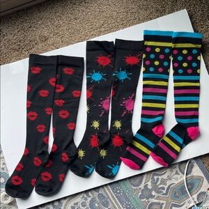 3 Compression Knee-High Socks : lips, paint splatter, & stripes with polka dots.